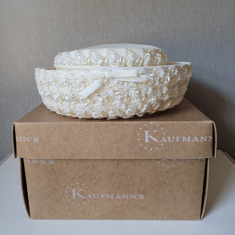 Kaufmann's Pillbox Hat Women Cream Woven Mesh Union Made Vintage Formal 1960s